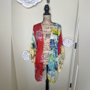 NTM: Kori America Vibrant Mixed Media Floral Kimono with Bell Sleeves Sz M